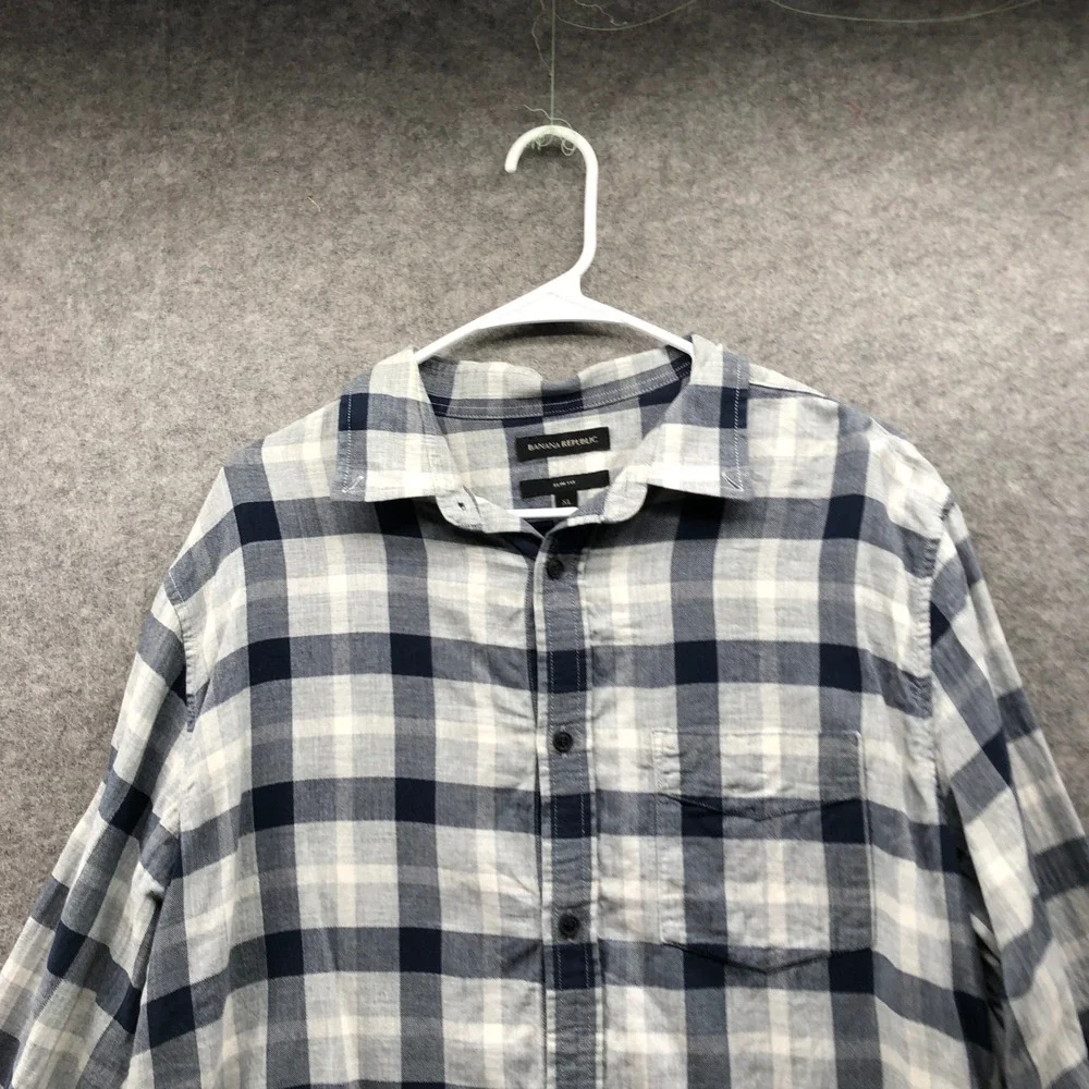 Banana Republic Slim Fit Crinkle Cotton Flannel Shirt Mens XL Blue Plaid